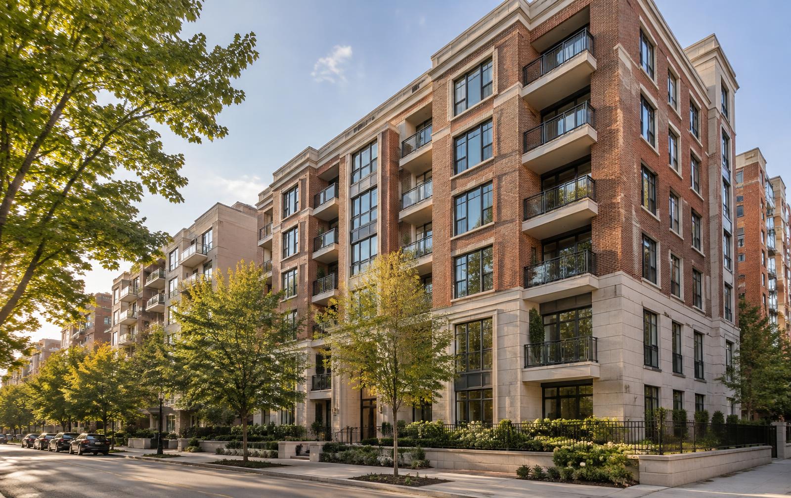 Brick and limestone multifamily apartment building on a tree-lined urban street